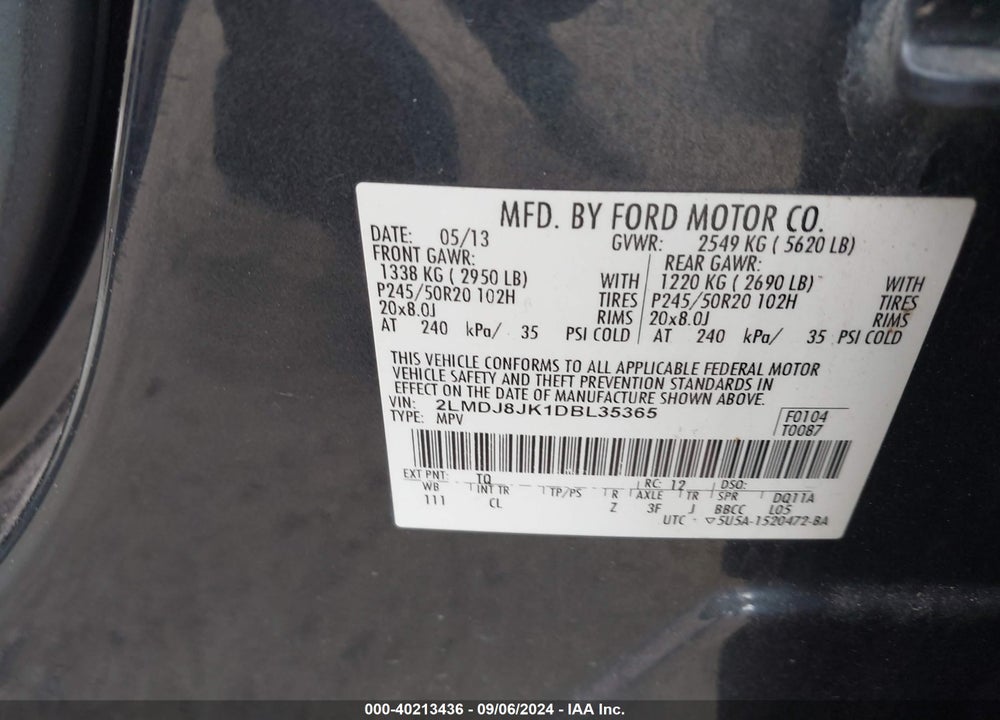 2013 LINCOLN MKX VIN: 2LMDJ8JK1DBL35365