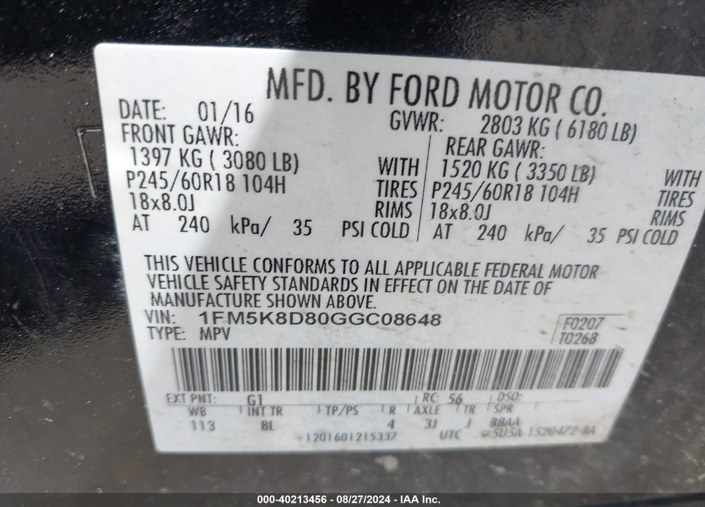 2016 FORD EXPLORER XLT VIN: 1FM5K8D80GGC08648