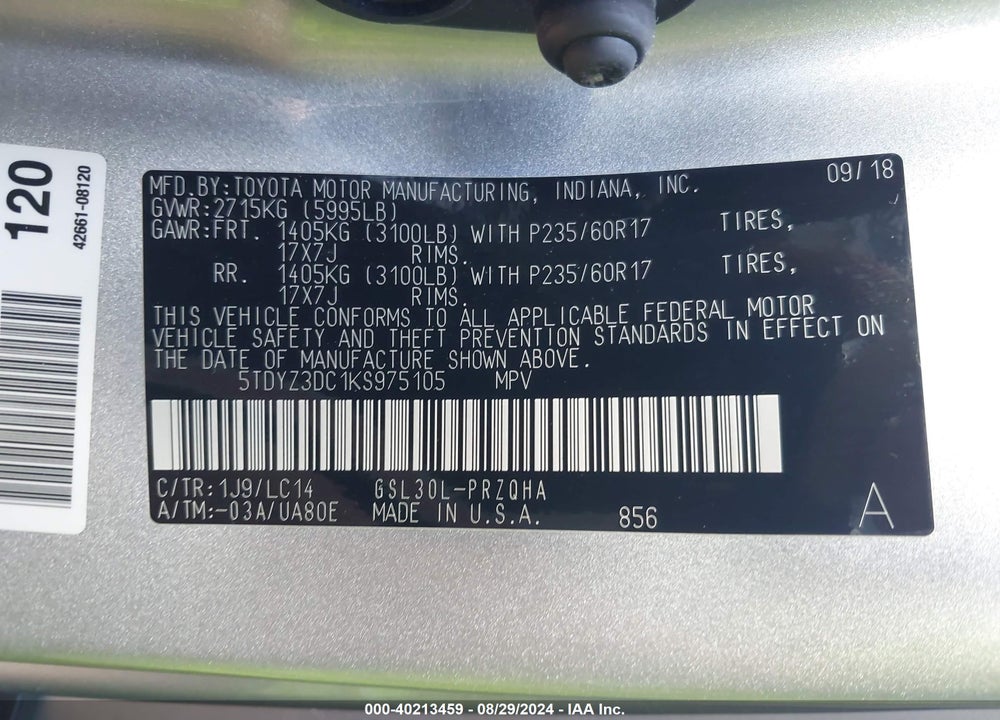 2019 TOYOTA SIENNA XLE PREMIUM 8 PASSENGER VIN: 5TDYZ3DC1KS975105