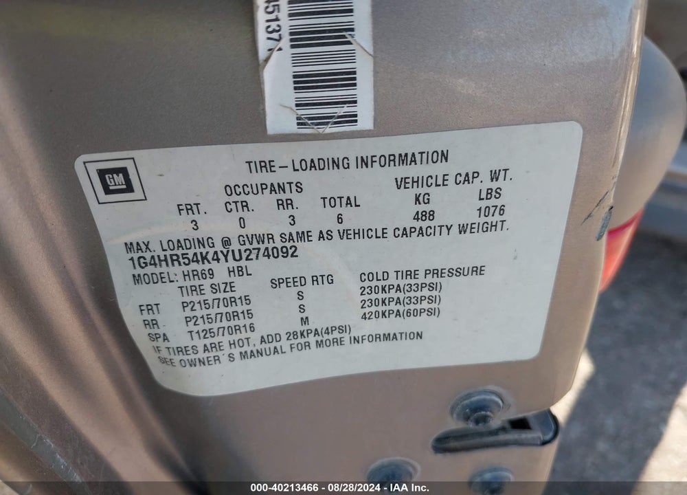 2000 BUICK LESABRE LIMITED VIN: 1G4HR54K4YU274092