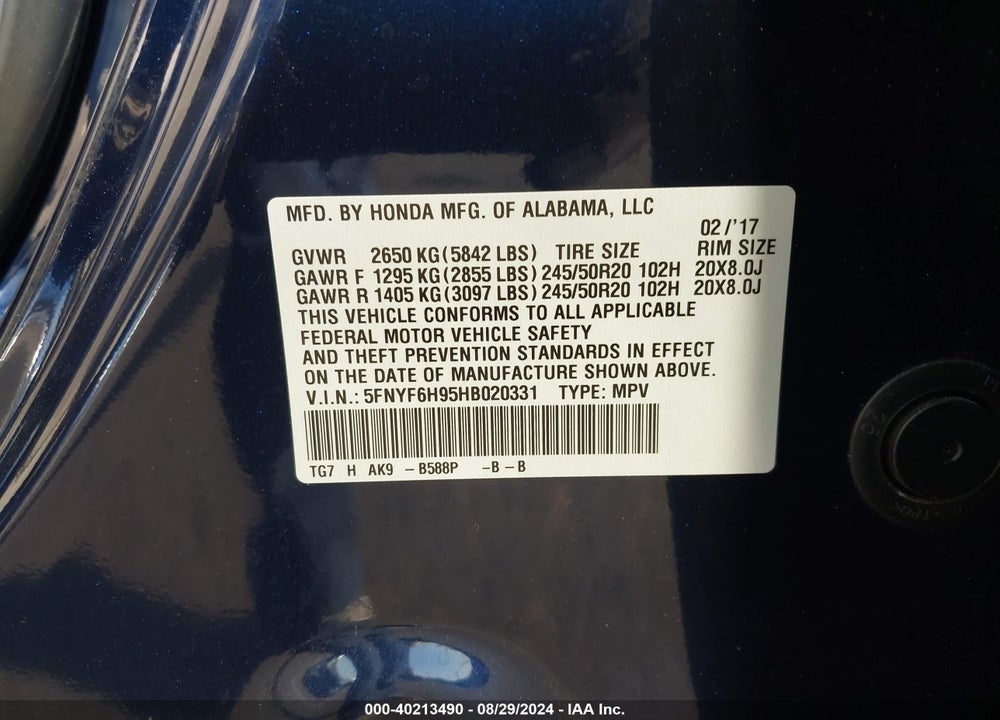 2017 HONDA PILOT TOURING VIN: 5FNYF6H95HB020331