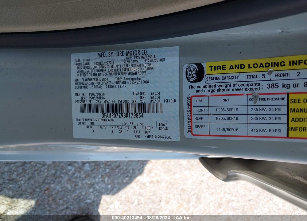 2008 FORD FUSION SE VIN: 3FAHP07Z98R179854