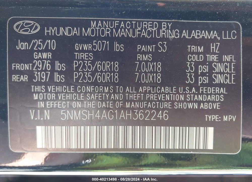 2010 HYUNDAI SANTA FE SE VIN: 5NMSH4AG1AH362246