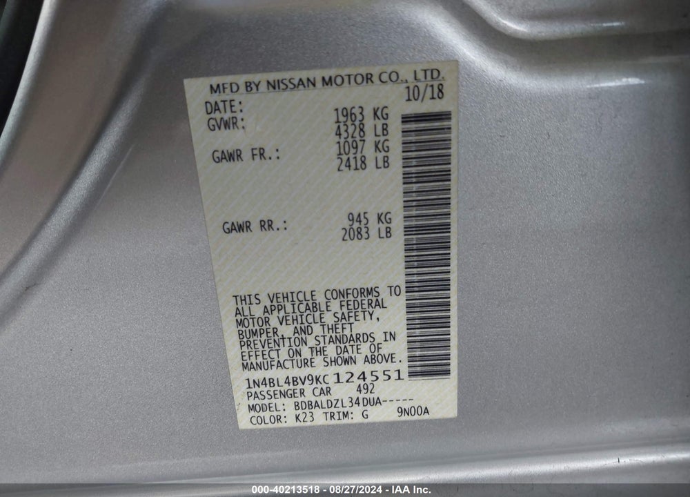 2019 NISSAN ALTIMA 2.5 S VIN: 1N4BL4BV9KC124551