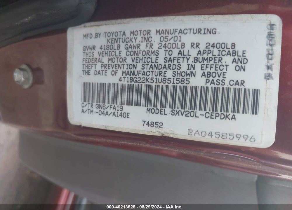 2001 TOYOTA CAMRY CE VIN: 4T1BG22K51U851585