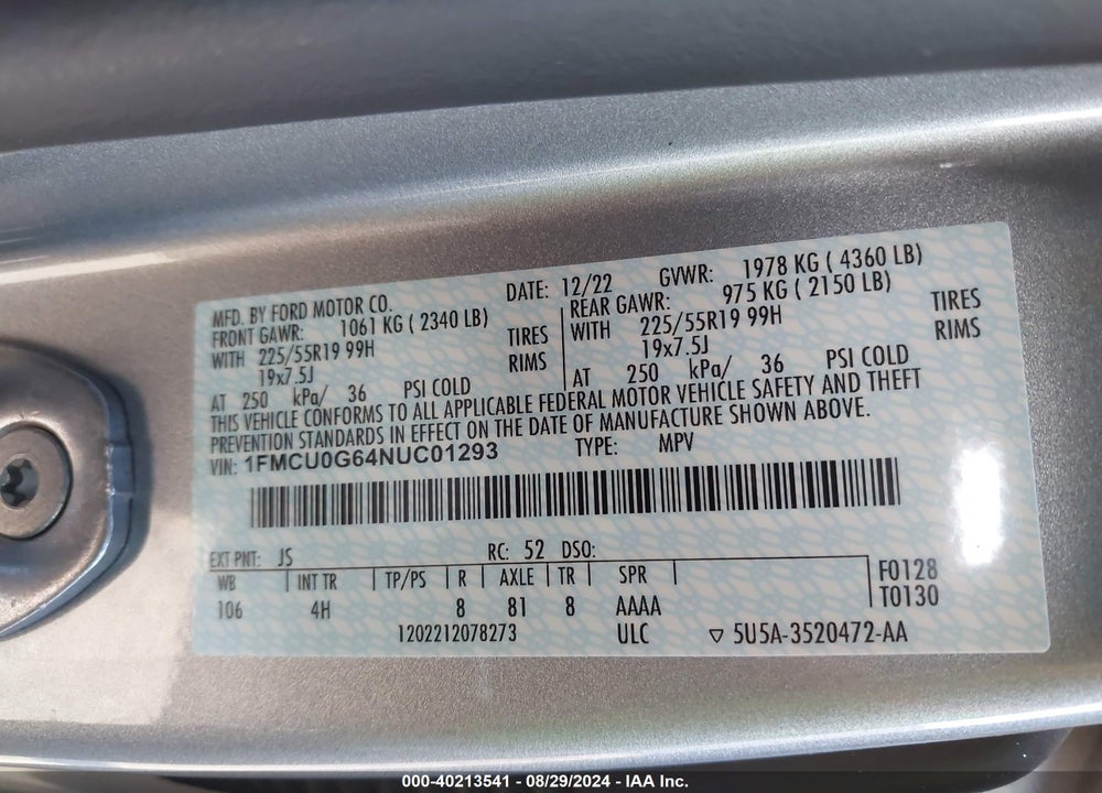 2022 FORD ESCAPE SE VIN: 1FMCU0G64NUC01293