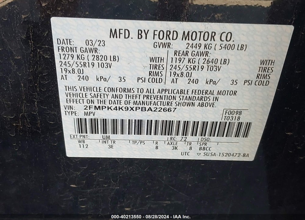 2023 FORD EDGE TITANIUM VIN: 2FMPK4K9XPBA22667