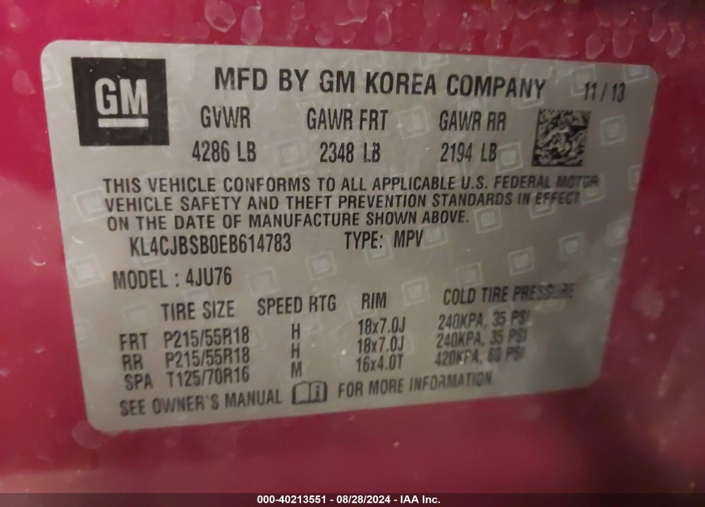 2014 BUICK ENCORE CONVENIENCE VIN: KL4CJBSB0EB614783