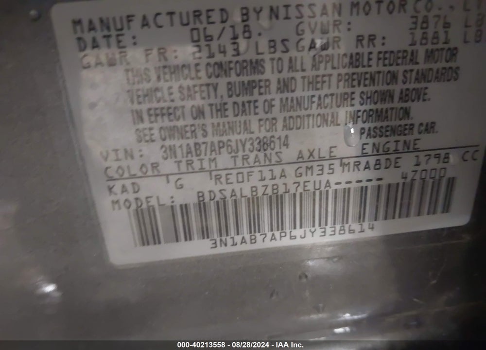 2018 NISSAN SENTRA S VIN: 3N1AB7AP6JY338614
