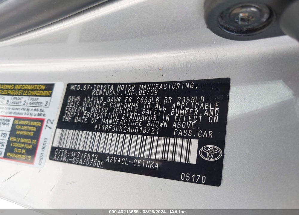 2010 TOYOTA CAMRY LE VIN: 4T1BF3EK2AU018721