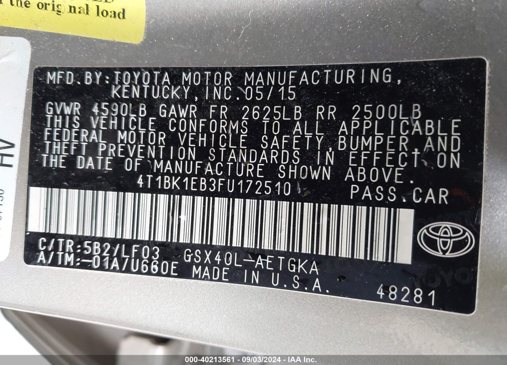 2015 TOYOTA AVALON XLE PREMIUM VIN: 4T1BK1EB3FU172510