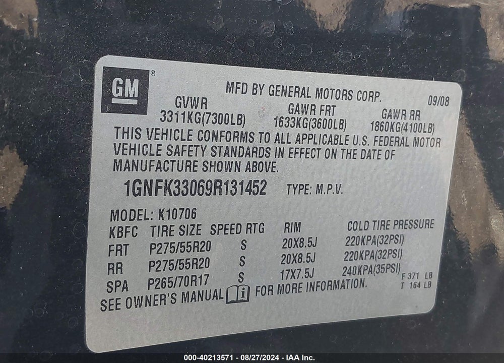 2009 CHEVROLET TAHOE LTZ VIN: 1GNFK33069R131452