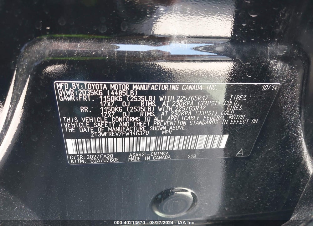 2015 TOYOTA RAV4 XLE VIN: 2T3WFREV7FW146370