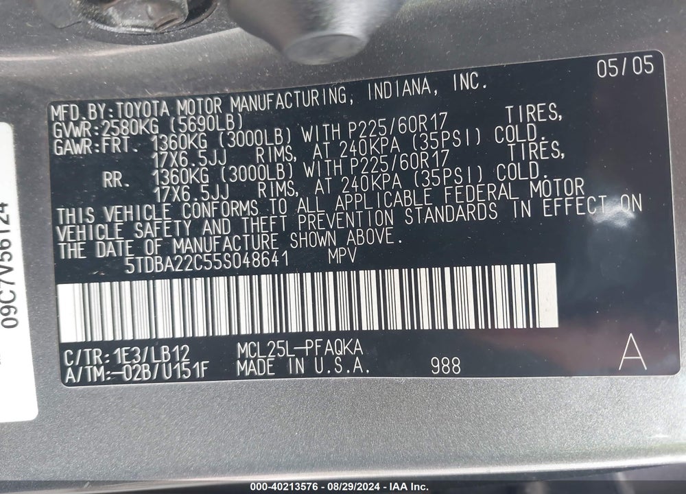 2005 TOYOTA SIENNA XLE LIMITED VIN: 5TDBA22C55S048641