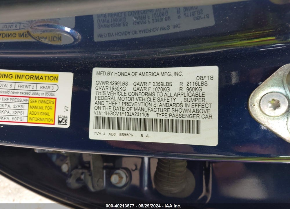 2018 HONDA ACCORD LX VIN: 1HGCV1F13JA231105