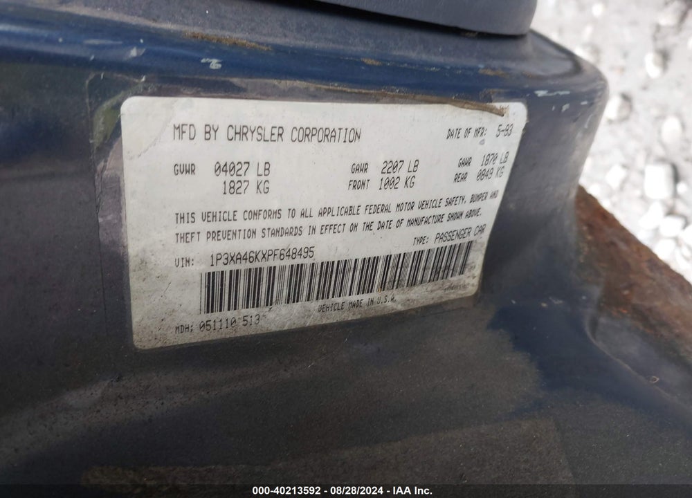 1993 PLYMOUTH ACCLAIM VIN: 1P3XA46KXPF648495