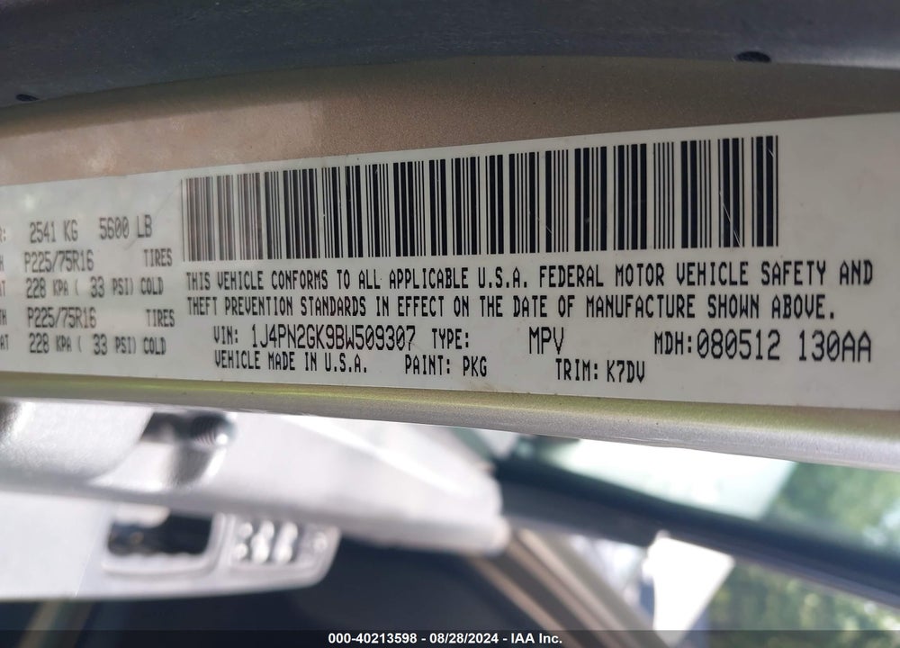 2011 JEEP LIBERTY SPORT VIN: 1J4PN2GK9BW509307