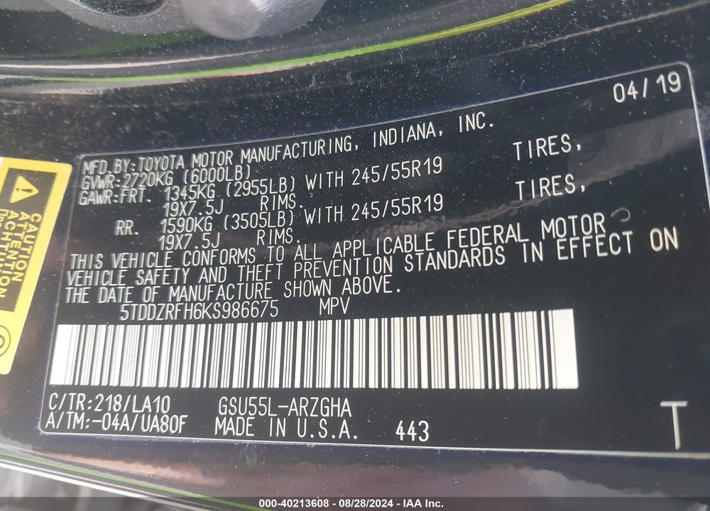2019 TOYOTA HIGHLANDER LIMITED/PLATINUM VIN: 5TDDZRFH6KS986675