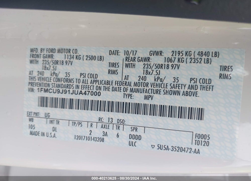 2018 FORD ESCAPE TITANIUM VIN: 1FMCU9J91JUA47000
