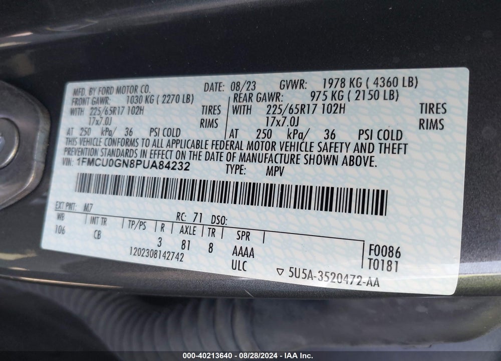 2023 FORD ESCAPE ACTIVE VIN: 1FMCU0GN8PUA84232