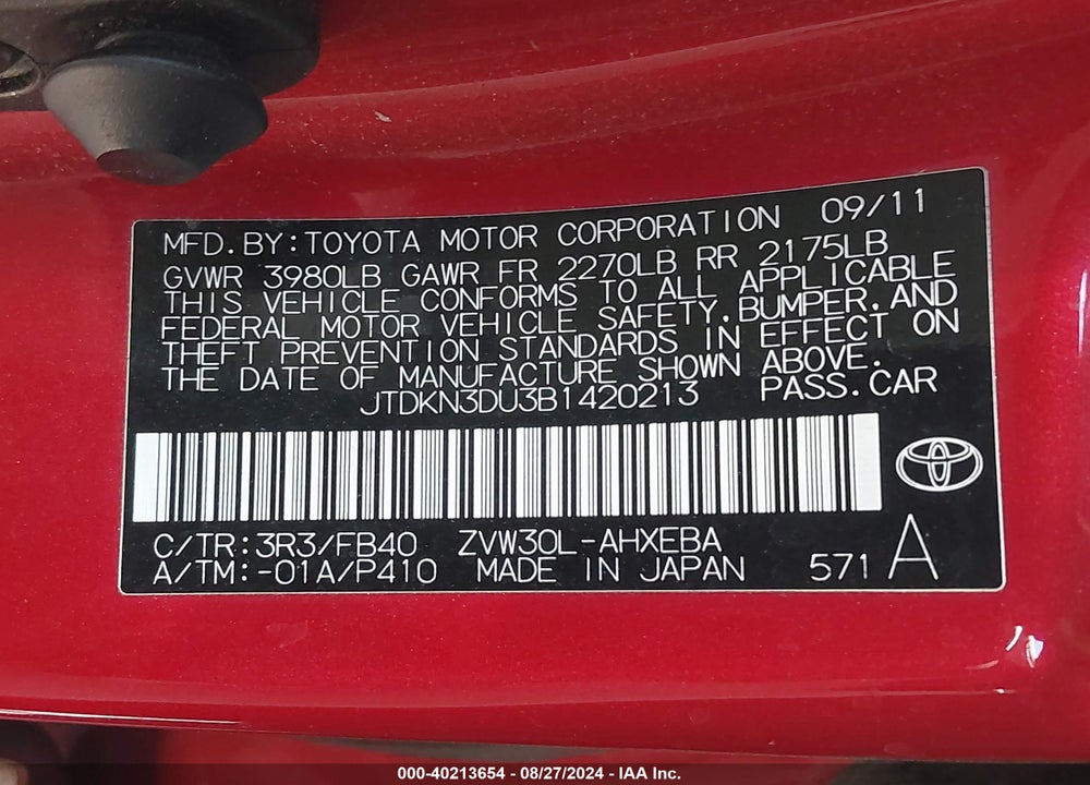 2011 TOYOTA PRIUS TWO VIN: JTDKN3DU3B1420213