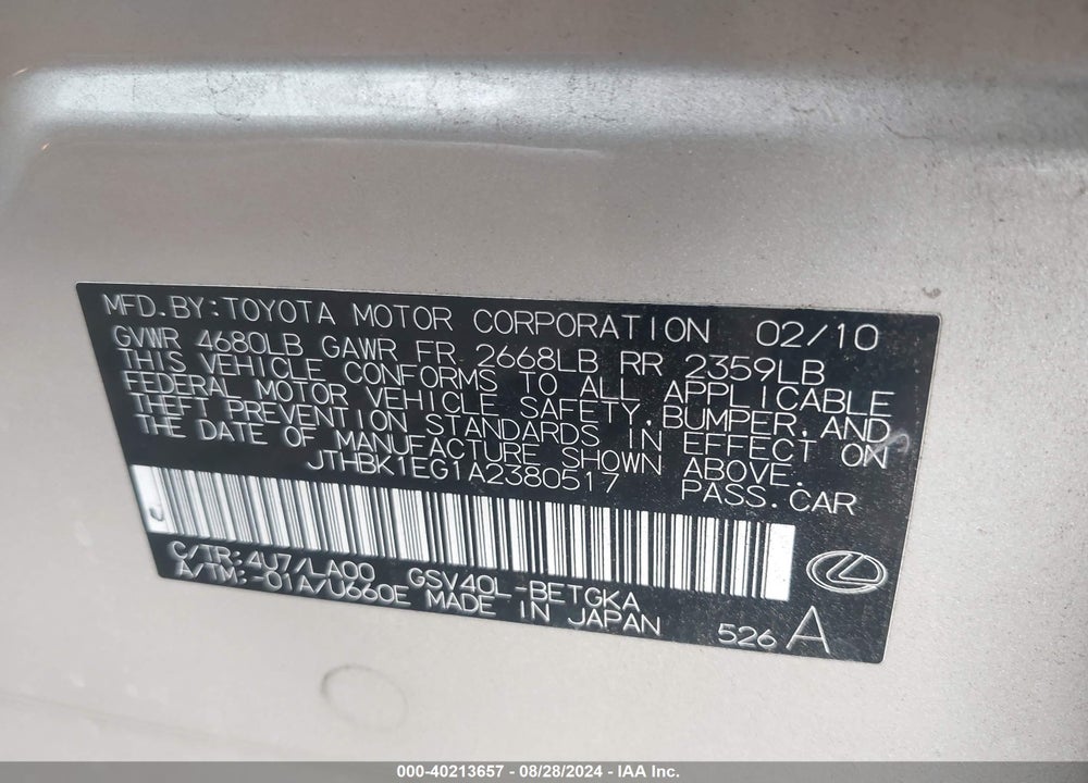 2010 LEXUS ES 350 VIN: JTHBK1EG1A2380517