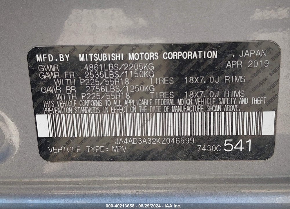 2019 MITSUBISHI OUTLANDER SE VIN: JA4AD3A32KZ046599