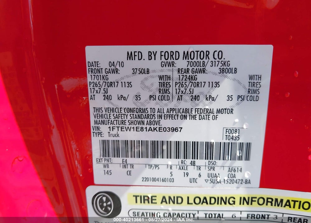 2010 FORD F-150 XL/XLT VIN: 1FTEW1E81AKE03967