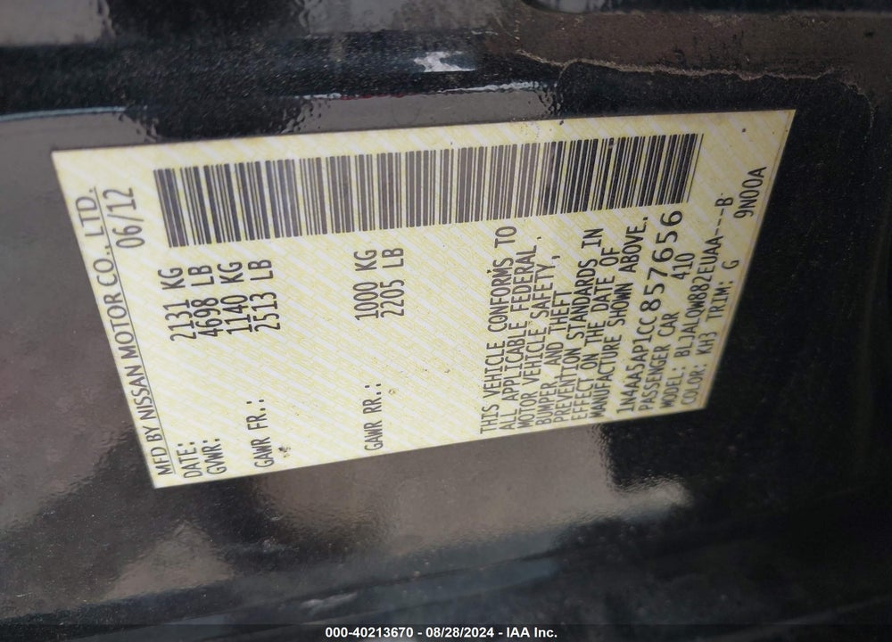 2012 NISSAN MAXIMA 3.5 S VIN: 1N4AA5AP1CC857656