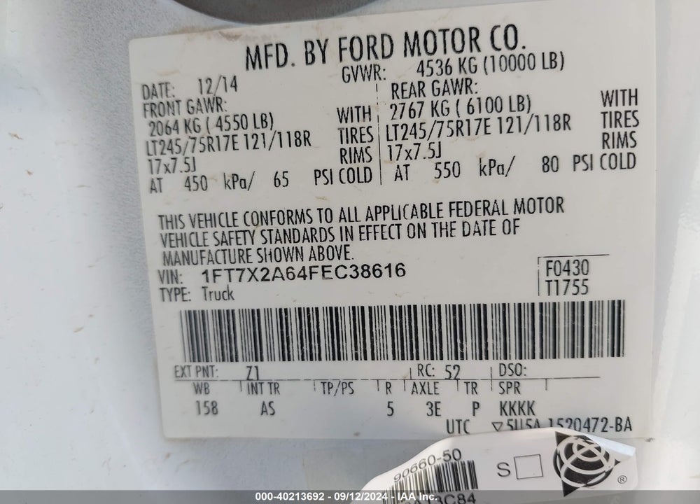 2015 FORD F-250 XL VIN: 1FT7X2A64FEC38616