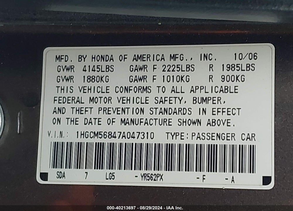 2007 HONDA ACCORD 2.4 EX VIN: 1HGCM56847A047310