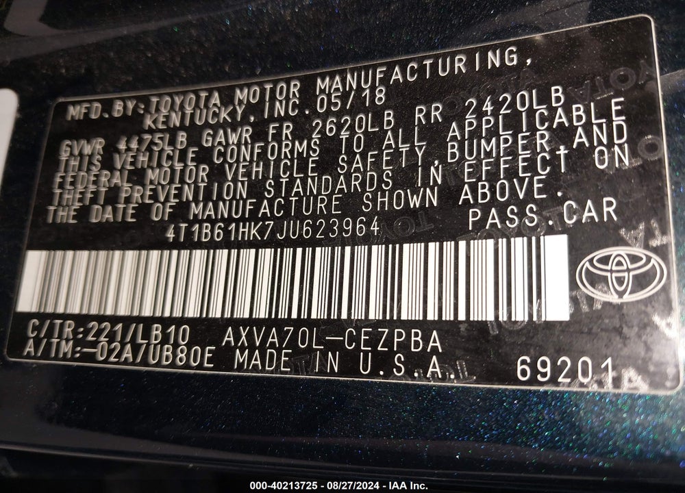 2018 TOYOTA CAMRY XSE VIN: 4T1B61HK7JU623964