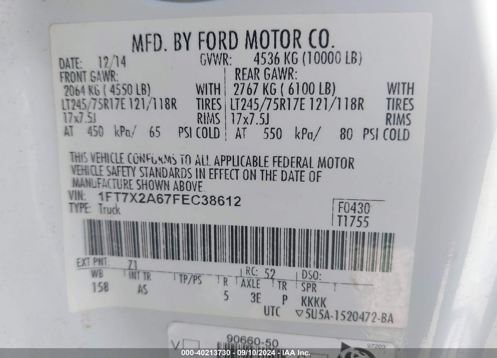 2015 FORD F-250 XL VIN: 1FT7X2A67FEC38612
