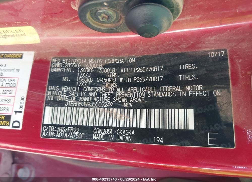 2018 TOYOTA 4RUNNER SR5 VIN: JTEBU5JR9J5505249