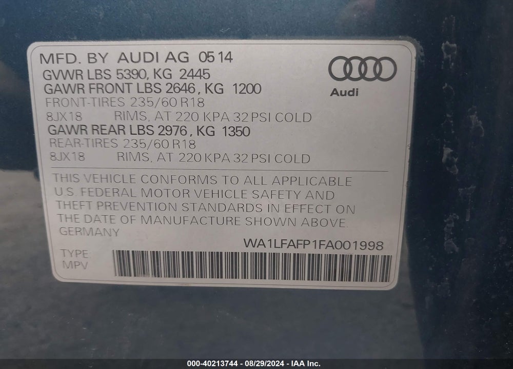 2015 AUDI Q5 2.0T PREMIUM VIN: WA1LFAFP1FA001998