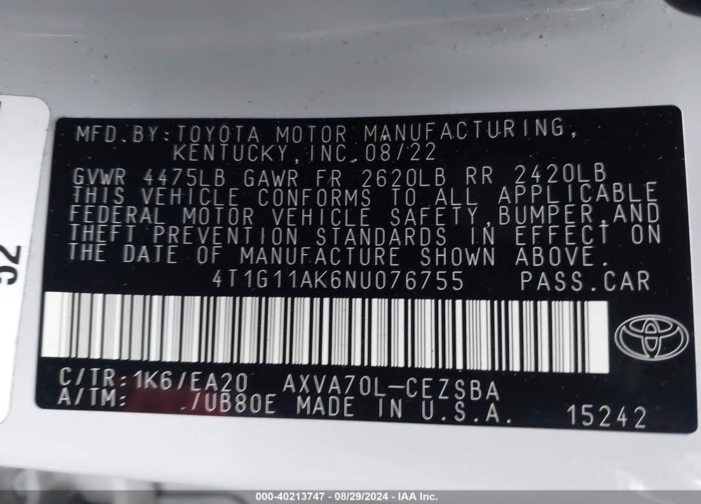 2022 TOYOTA CAMRY SE VIN: 4T1G11AK6NU076755