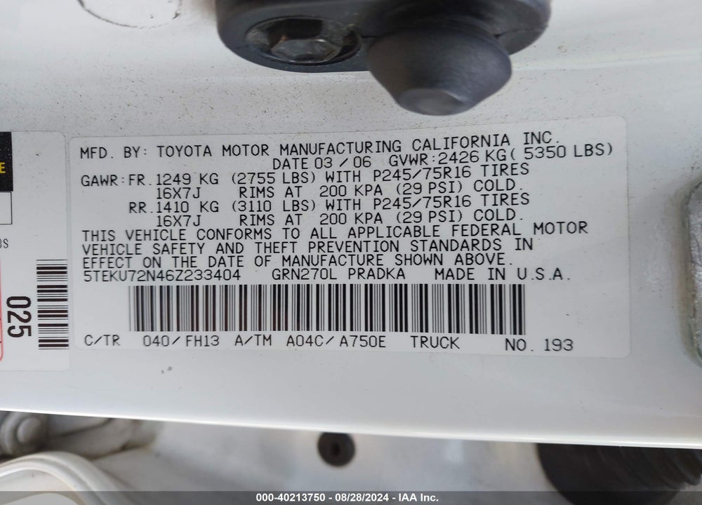 2006 TOYOTA TACOMA PRERUNNER V6 VIN: 5TEKU72N46Z233404