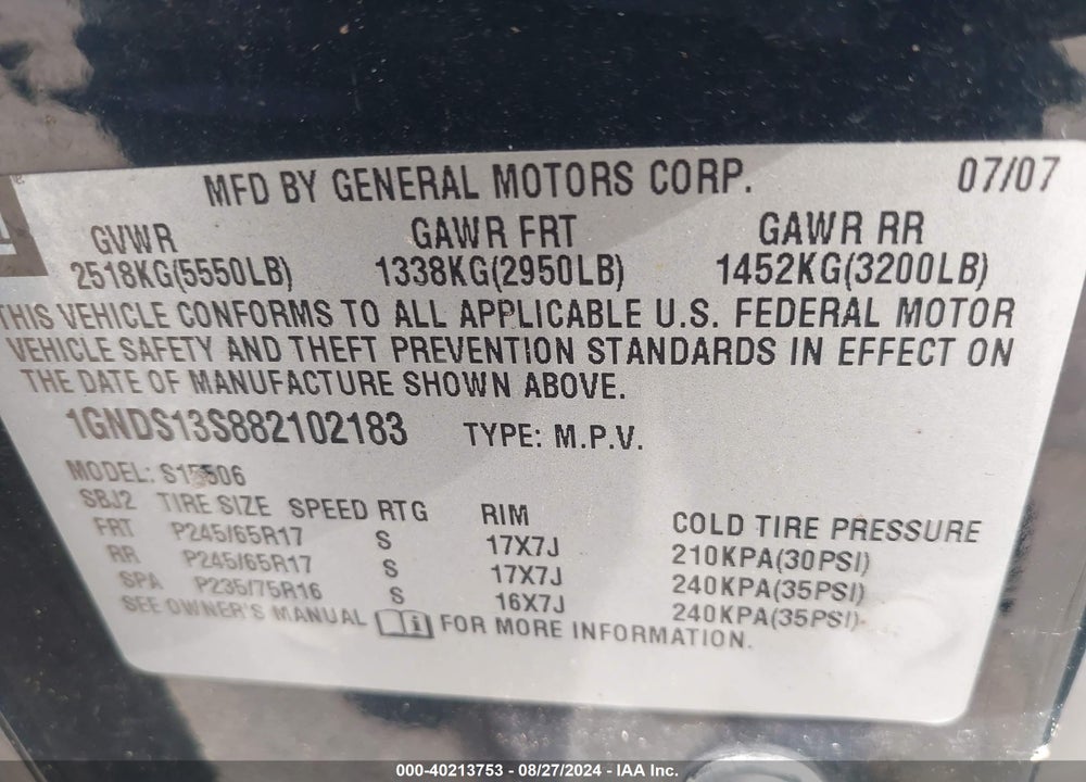 2008 CHEVROLET TRAILBLAZER LT VIN: 1GNDS13S882102183