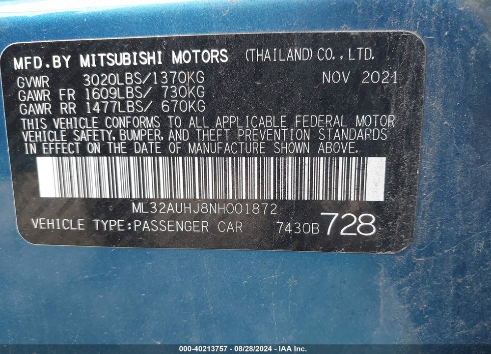 2022 MITSUBISHI MIRAGE ES VIN: ML32AUHJ8NH001872