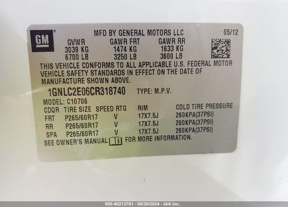 2012 CHEVROLET TAHOE VIN: 1GNLC2E06CR318740