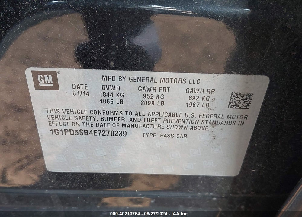2014 CHEVROLET CRUZE 1LT MANUAL VIN: 1G1PD5SB4E7270239