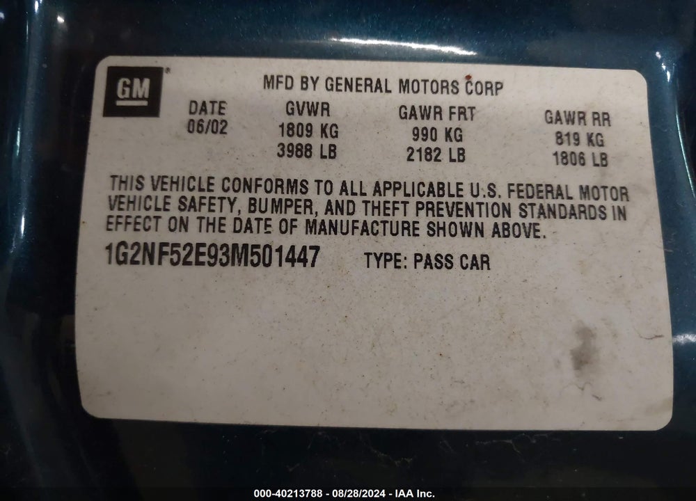 2003 PONTIAC GRAND AM SE1 VIN: 1G2NF52E93M501447