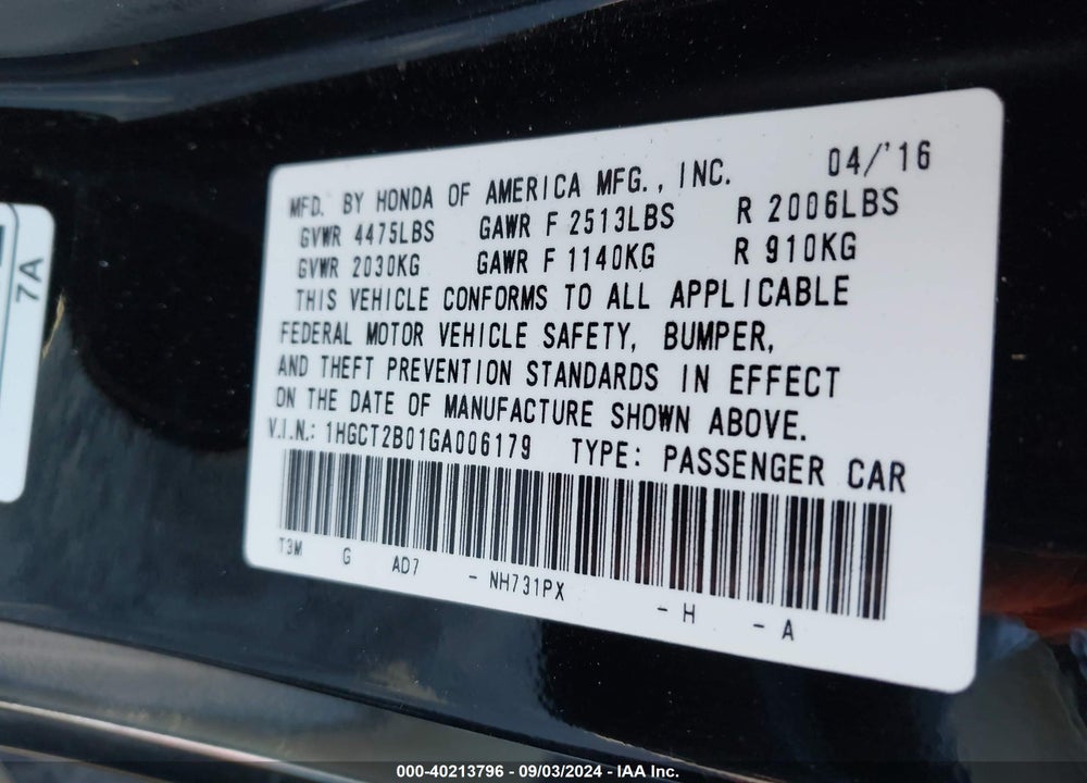 2016 HONDA ACCORD TOURING VIN: 1HGCT2B01GA006179