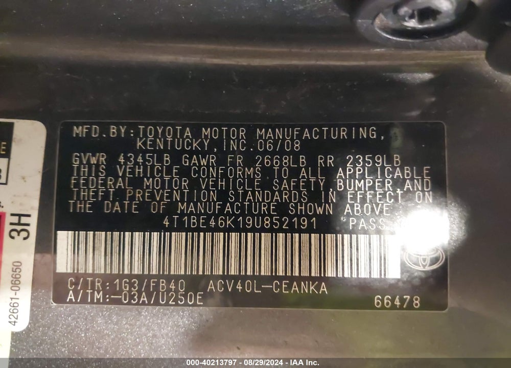 2009 TOYOTA CAMRY LE VIN: 4T1BE46K19U852191