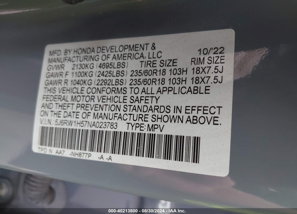 2022 HONDA CR-V 2WD EX VIN: 5J6RW1H57NA023783