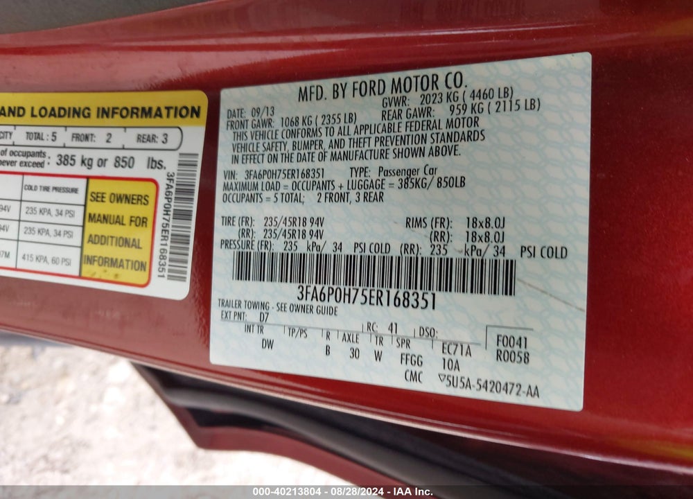 2014 FORD FUSION VIN: 3FA6P0H75ER168351