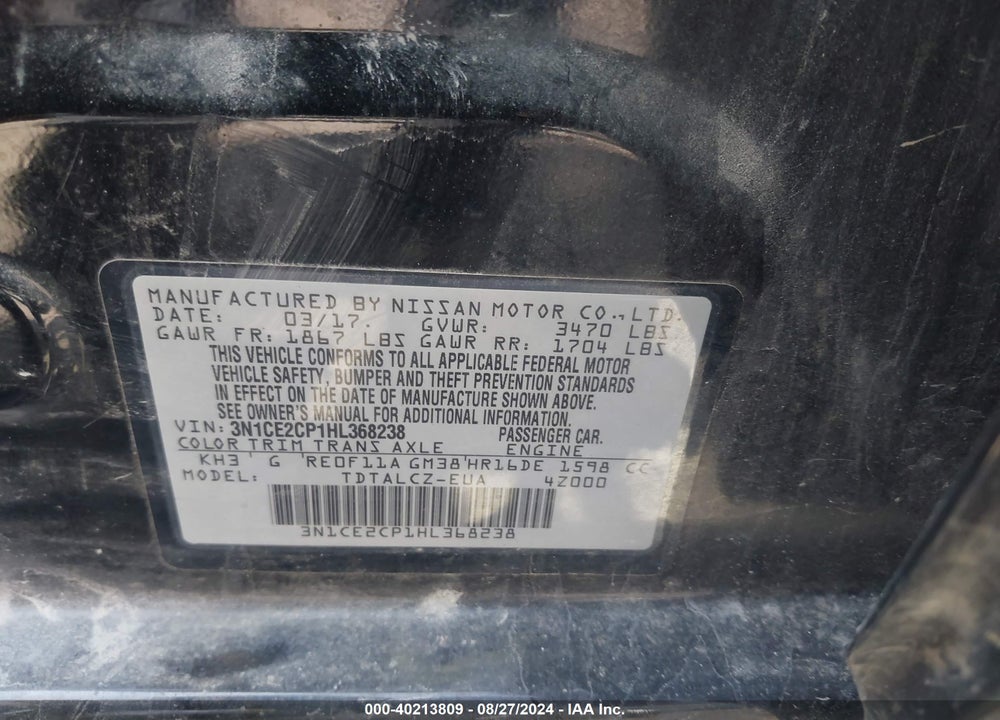 2017 NISSAN VERSA NOTE S PLUS VIN: 3N1CE2CP1HL368238