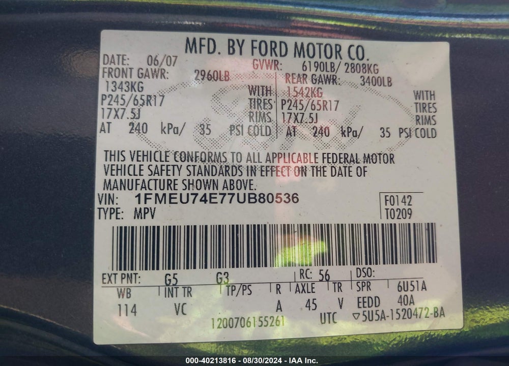 2007 FORD EXPLORER EDDIE BAUER VIN: 1FMEU74E77UB80536