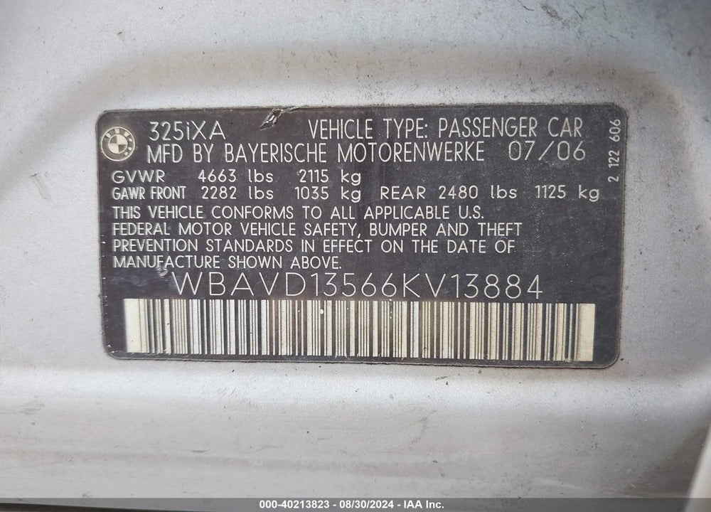 2006 BMW 325XI VIN: WBAVD13566KV13884