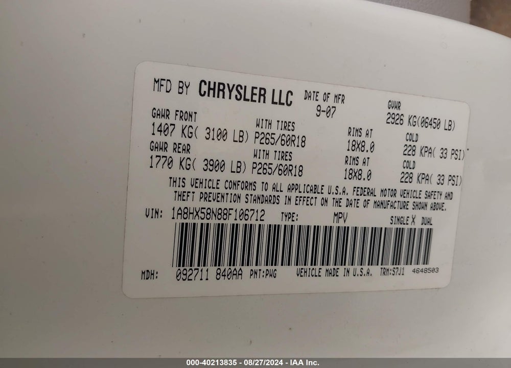 2008 CHRYSLER ASPEN LIMITED VIN: 1A8HX58N88F106712